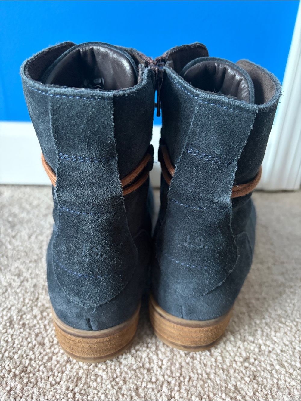 Navy BlueSuede Lace-Up Ankle Boots with Brown Laces - Picture 3 of 4